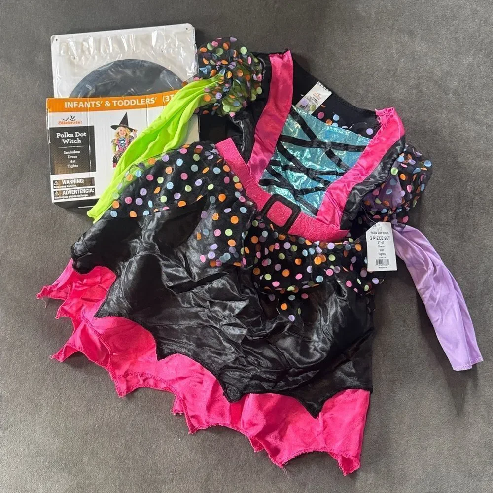 Kids Toddler Girl Polka Dot Witch Halloween Costume 3 Pieces Size 3T-4T NEW